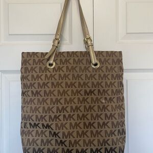 Michael Kors Brown MK Signature Tote with Gold-Strap Accents